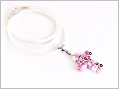 Collier Vintage Pendentif Verre Murano Strass Roses - Chaîne 70cm - 50mm - Occasion