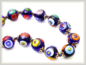 Perles en Verre de Murano bleu foncé avec motifs de Murrine multicolores